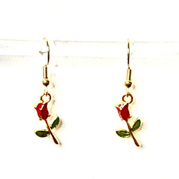 Amy Foxy Style Handmade Earrings - Tiny Red Rose Flower Charms with Golden Hooks
