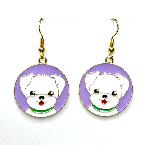 Amy Foxy Style Handmade Earrings - Happy Dog Puppy Charms with Golden Hooks: Maltese/Bichon