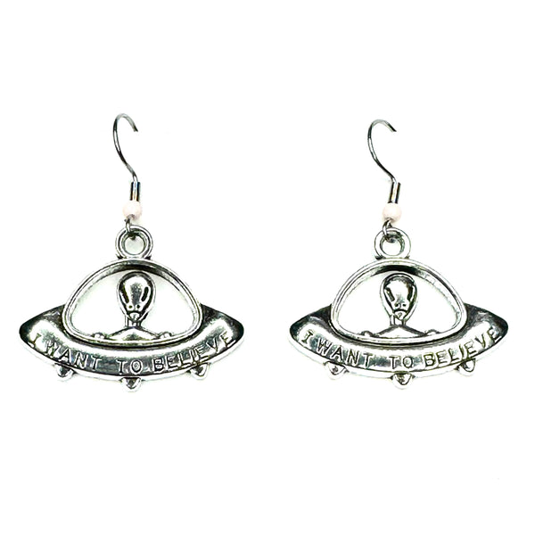 Amy Foxy Style Handmade Earrings - “I Want to Believe” Alien UFO Silver Charms
