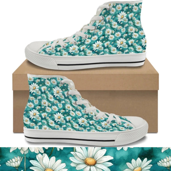 Watercolor Daisies Kitty Kicks™️ CANVAS HIGH TOP SHOES **REQUEST A PREORDER INVOICE** ($5 deposit will be applied to your full invoice)