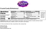 A product information label for SilkSpin Sugars Crystal Candy (Kohakutou), showing the brand logo, nutrition facts, ingredients, and manufacturing details on a white background.