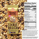 A package of Dible Dough Cookie Dough Peanut Butter Chocolate Chip cookies surrounded by a large background of chocolate chip cookies. The package is yellow and orange with a clear window showing the cookie dough inside, and the Nutrition Facts label is visible on the front.