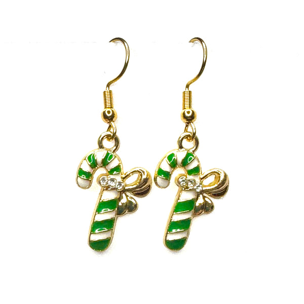 Amy Foxy Style Handmade Earrings - Holiday Charms with Golden Hooks: Small Green Candy Cane with Rhinestones