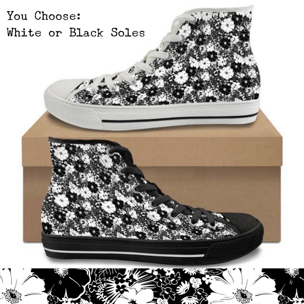 Black & White Flowers CANVAS HIGH TOP SHOES **REQUEST A PREORDER INVOICE**