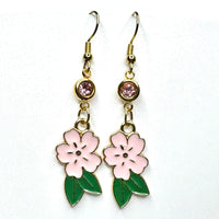 Amy Foxy Style Handmade Earrings - Double Dangle Cherry Blossom Flower Charms with Rhinestones and Golden Hooks: Pale Pink