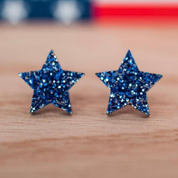 Stellar Gifts Blue and Silver Glitter Star Acrylic Stud Earrings