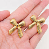 Mio Queena - 18k Gold-Plated Stainless Steel Striped Bow Earrings