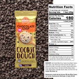 A package of Dible Dough Cookie Chip chocolate chip cookies shown in front of a pile of chocolate chips, with a Nutrition Facts label overlaid on the right side.