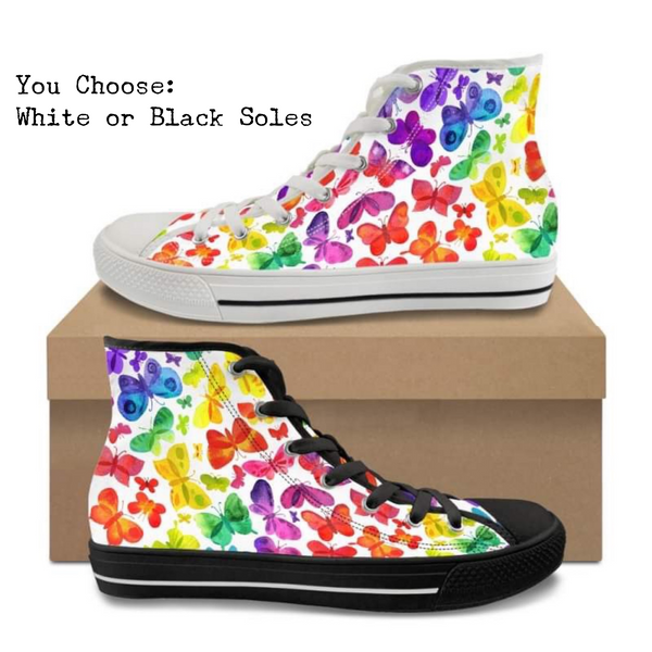 Rainbow Butterflies Kitty Kicks™️ CANVAS HIGH TOP SHOES **REQUEST A PREORDER INVOICE** ($5 deposit will be applied to your full invoice)