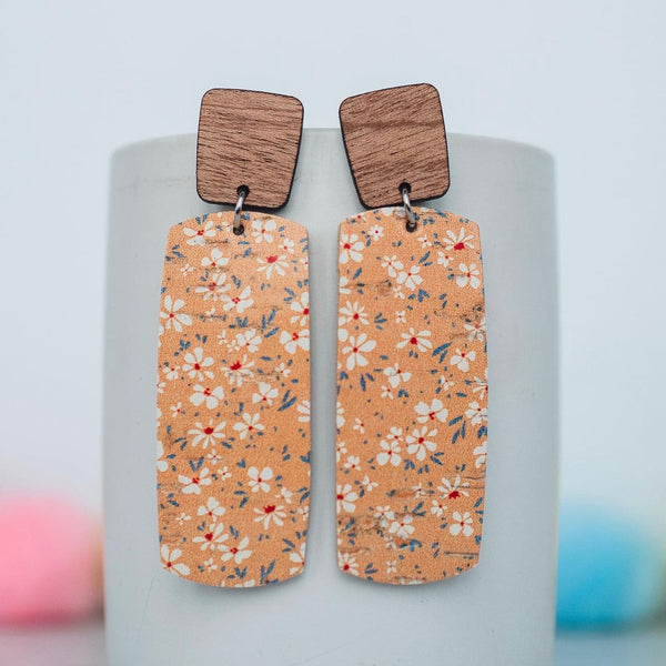 Stellar Gifts Peach Floral Leather Wood Dangle Earrings