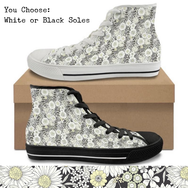 Retro Grayscale Flowers Kitty Kicks™️ CANVAS HIGH TOP SHOES **REQUEST A PREORDER INVOICE** ($5 deposit will be applied to your full invoice)