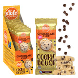 Dible Dough Chocolate Chip cookie dough sticks shown with a gold and orange retail display box, a single packet, chocolate chips floating in the air, and stacked cookie dough sticks on a white background.