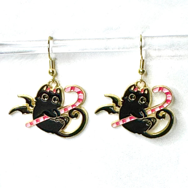 Amy Foxy Style Handmade Earrings - Cat Charms with Golden Hooks: Black Cats with Candy Canes