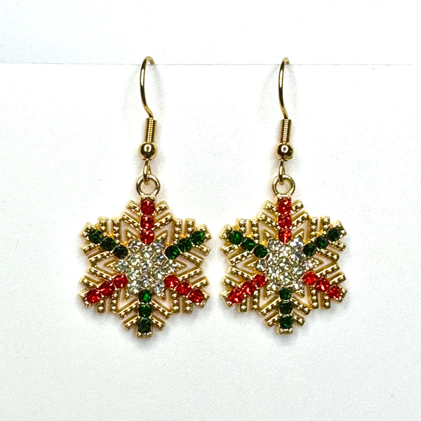 Amy Foxy Style Handmade Earrings - Holiday Charms with Golden Hooks: Ornate Rhinestone Snowflakes