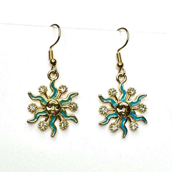 Amy Foxy Style Handmade Earrings - Rhinestone Enamel Celestial Charms with Golden Hooks: Aqua Suns
