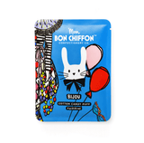 Mon Bon Chiffon cotton candy puff packaging with cartoon rabbit design on a blue background