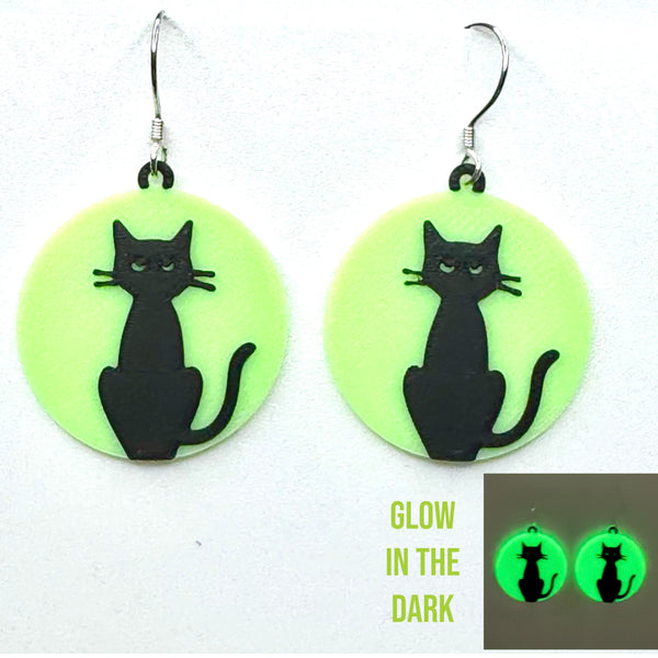 Amy Foxy Style Handmade Earrings - Glow-in-the-Dark Black Cat Acrylic Charmss