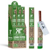 Righteous Felon lemon pepper turkey sticks packaging with a single stick displayed.
