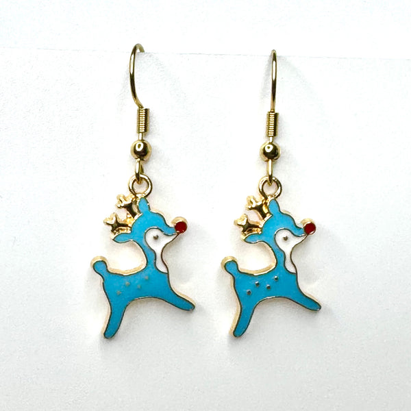 Amy Foxy Style Handmade Earrings - Holiday Charms with Golden Hooks: Vintage Reindeer BLUE