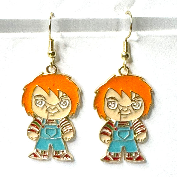 Amy Foxy Style Handmade Earrings - Horror Character Charms with Golden Hooks: Creepy Boy Doll