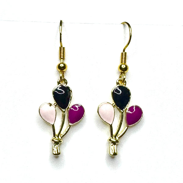 Amy Foxy Style Handmade Earrings - Balloons Charms with Golden Hooks: Pale Pink, Black, Plum Purple
