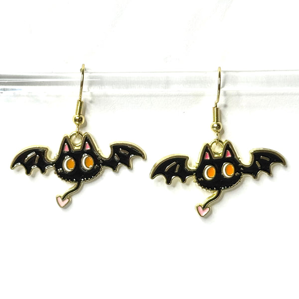 Amy Foxy Style Handmade Earrings - Cat Charms with Golden Hooks: Black Cat Bats