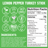 Nutrition facts and ingredient list for a lemon pepper turkey stick on a green background