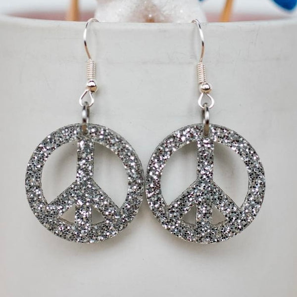 Stellar Gifts Petite Silver Glitter Peace Sign Dangle Earrings