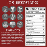 Nutrition label and ingredient list for O.G. Hickory Stick on a red background