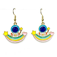 Amy Foxy Style Handmade Earrings - Space Charms with Golden Hooks: Astronaut with Rainbow