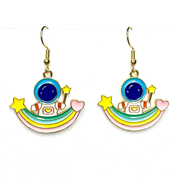 Amy Foxy Style Handmade Earrings - Space Charms with Golden Hooks: Astronaut with Rainbow