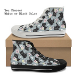 Floral Black Kitties Kitty Kicks™️ CANVAS HIGH TOP SHOES **REQUEST A PREORDER INVOICE** ($5 deposit will be applied to your full invoice)