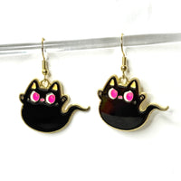 Amy Foxy Style Handmade Earrings - Cat Charms with Golden Hooks: Black Cat Ghosts
