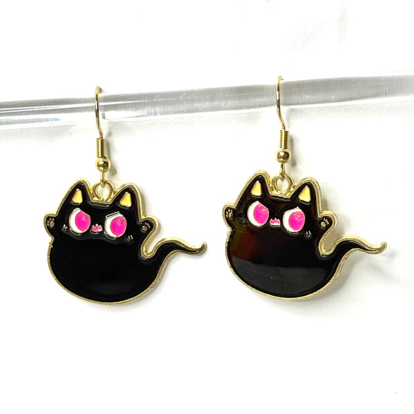 Amy Foxy Style Handmade Earrings - Cat Charms with Golden Hooks: Black Cat Ghosts