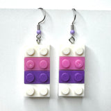 Amy Foxy Style Handmade Earrings - Toy Brick Building Block Charms: White, Pink and Purple