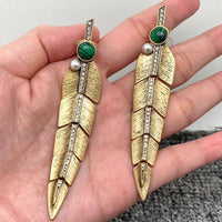 Mio Queena - Vintage Inlaid Malachite & CZ Leaves Feathers Post Earrings