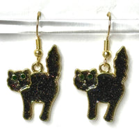 Amy Foxy Style Handmade Earrings - Cat Charms with Golden Hooks: Spooky Glitter Black Cats