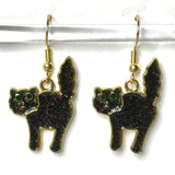 Amy Foxy Style Handmade Earrings - Cat Charms with Golden Hooks: Spooky Glitter Black Cats