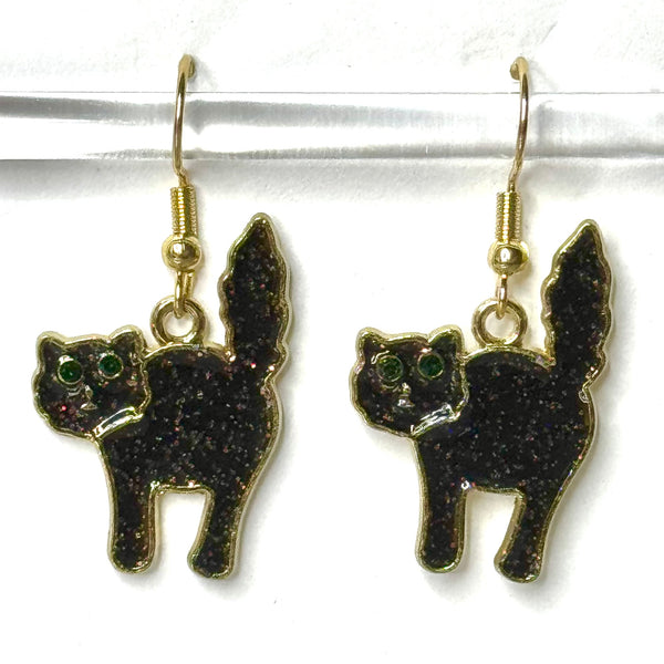 Amy Foxy Style Handmade Earrings - Cat Charms with Golden Hooks: Spooky Glitter Black Cats