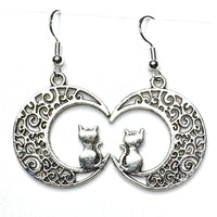 Amy Foxy Style Handmade Earrings - Celestial Silver Charms: Cat on Filagree Moon