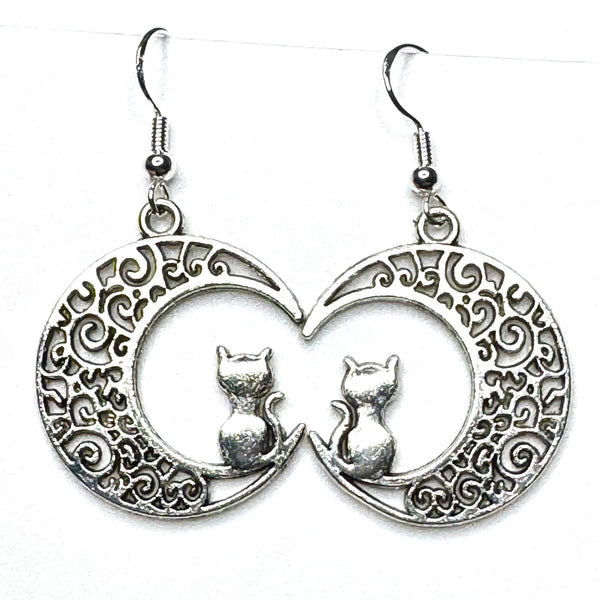 Amy Foxy Style Handmade Earrings - Celestial Silver Charms: Cat on Filagree Moon