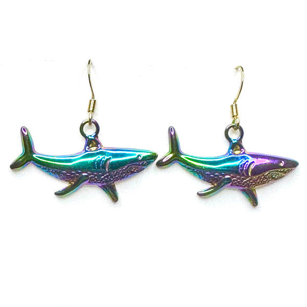 Amy Foxy Style Handmade Earrings - Rainbow Iridescent Shark Charms with Golden Hooks