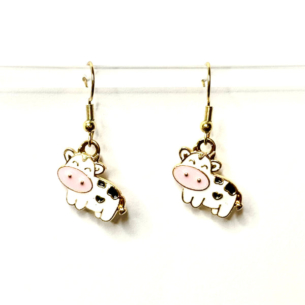 Amy Foxy Style Handmade Earrings - Cute Cow Charms with Golden Hooks