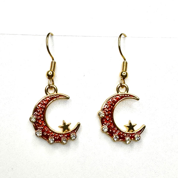 Amy Foxy Style Handmade Earrings - Rhinestone Enamel Celestial Charms with Golden Hooks: Red Moons
