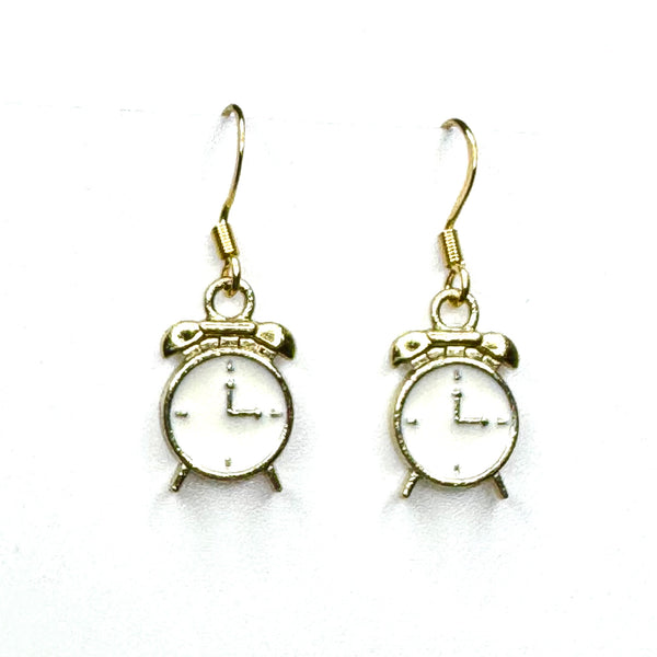 Amy Foxy Style Handmade Earrings - Alarm Clock Charms with Golden Hooks: White