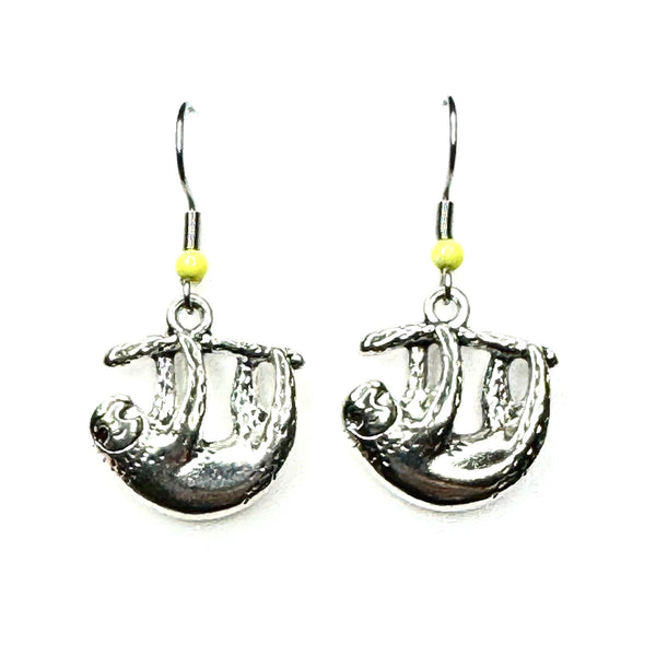 Amy Foxy Style Handmade Earrings - Hanging Sloth Silver Charms