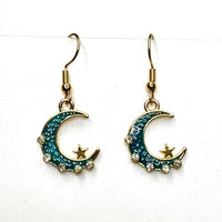 Amy Foxy Style Handmade Earrings - Rhinestone Enamel Celestial Charms with Golden Hooks: Teal Moons