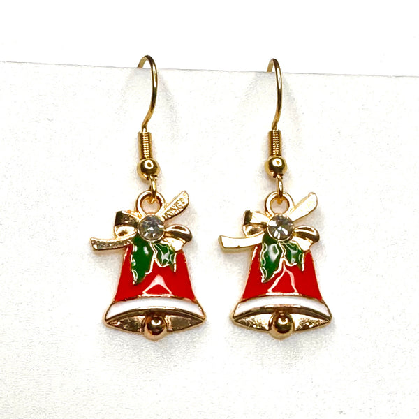 Amy Foxy Style Handmade Earrings - Holiday Charms with Golden Hooks: Small Red Bells with Rhinestones