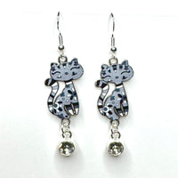 Amy Foxy Style Handmade Earrings - Double Dangle Artsy Cat Charms: Gray with Clear Rhinestone