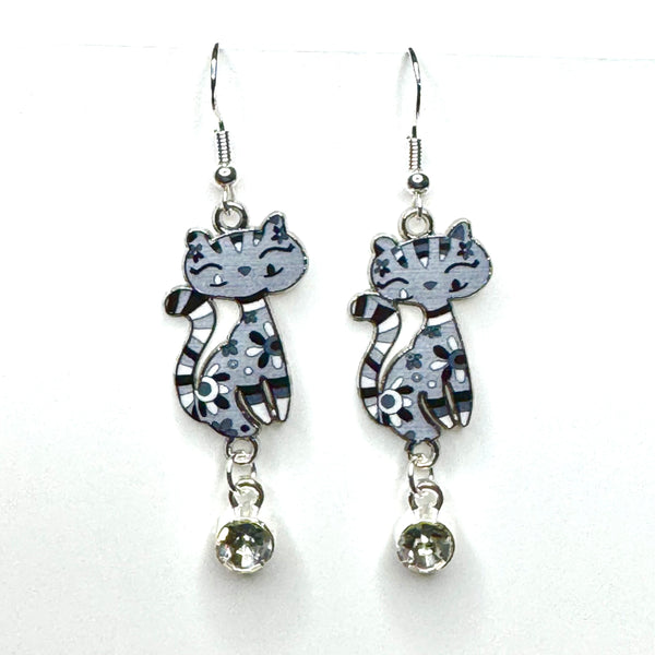 Amy Foxy Style Handmade Earrings - Double Dangle Artsy Cat Charms: Gray with Clear Rhinestone